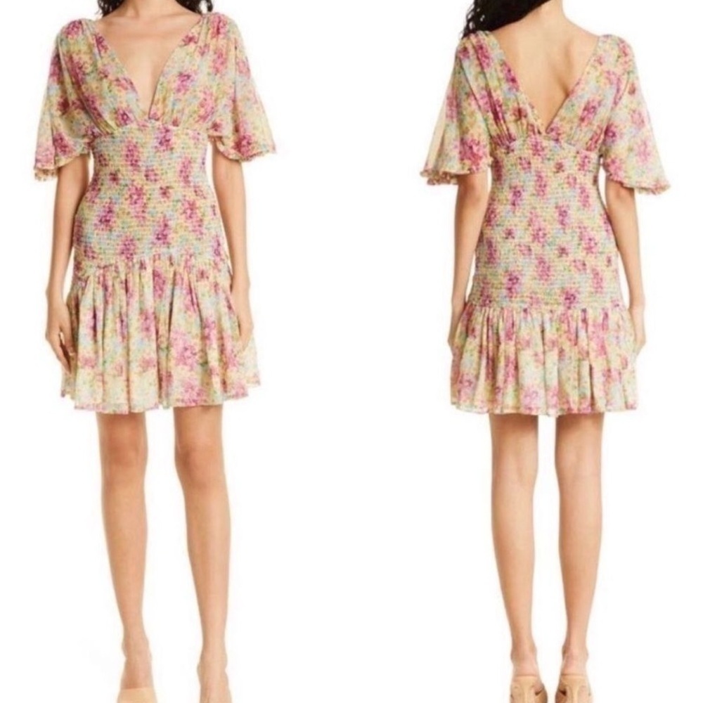 Anthropologie byTimo Floral Smocked Chiffon Mini Dress Sz M